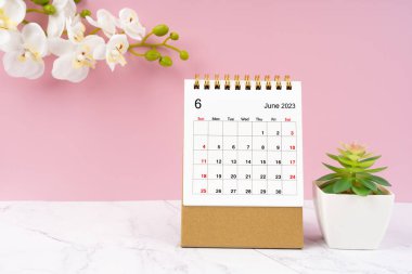 Haziran 2023 masa takvimi ve mermer zeminde beyaz orkide.