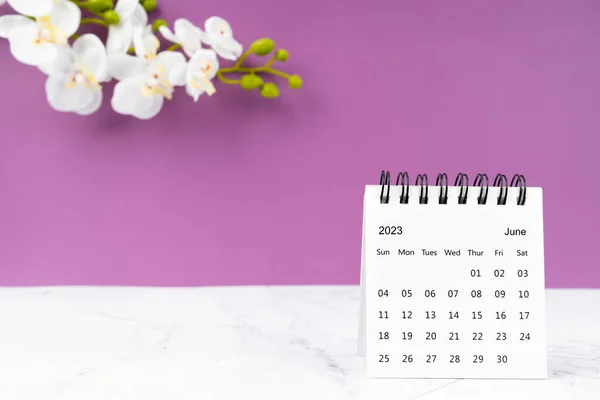 Июнь 2023 Календарный Стол Белая Орхидея Фиолетовом Фоне — стоковое фото