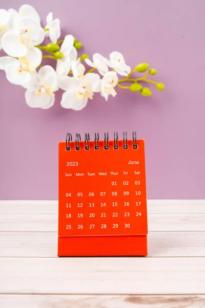 Rode Kalender Juni 2023 Bureaukalender Voor Jaar 2023 Witte Orchidee — Stockfoto