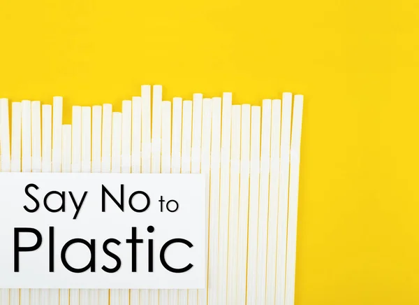 Say Plastic Plastic Drinking Straws Yellow Background Garbage Environment Pollustion — Stock Photo, Image