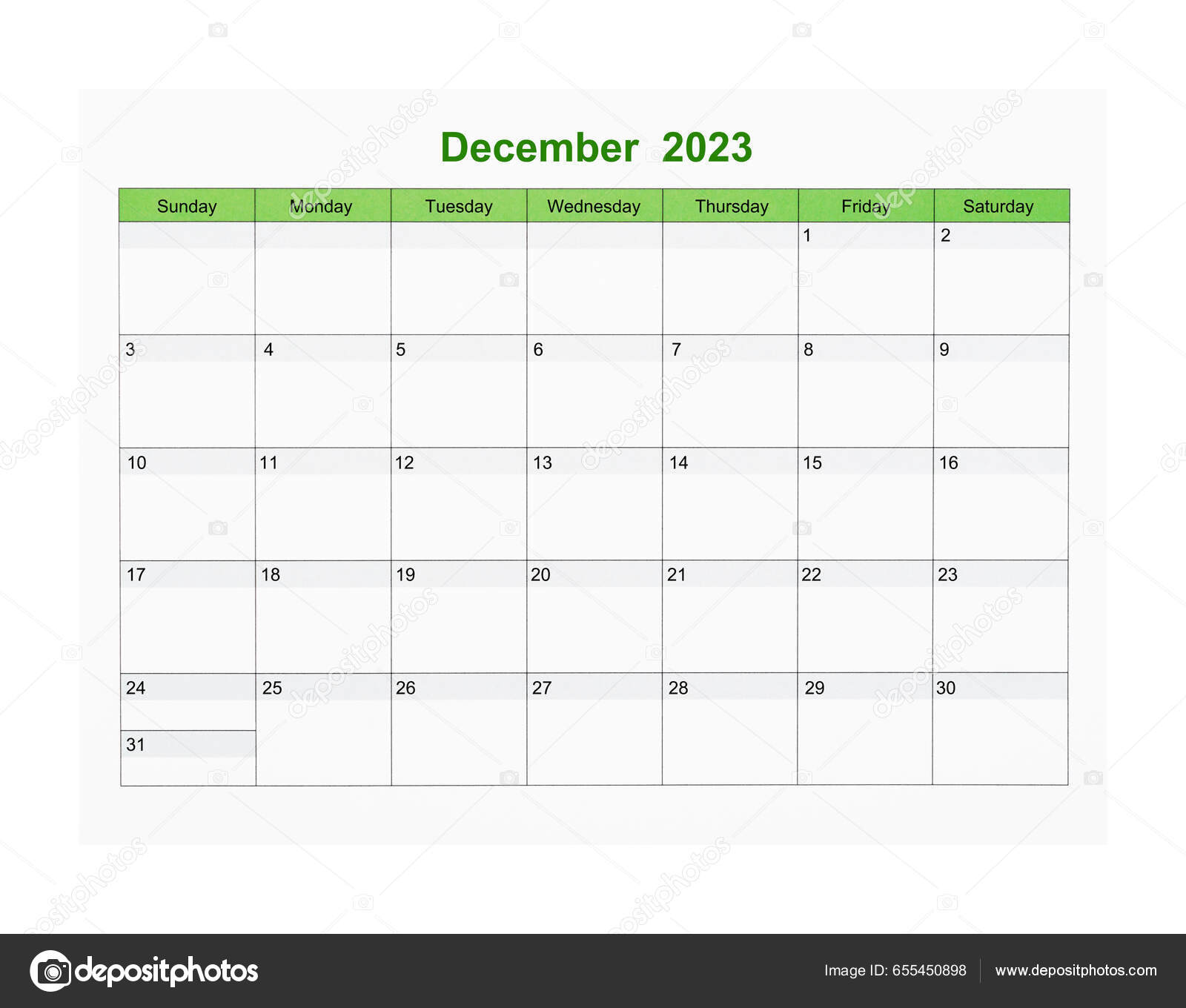 Декабрь 2023 Календарь Страница 2023 Год Изолированы Белом Фоне.