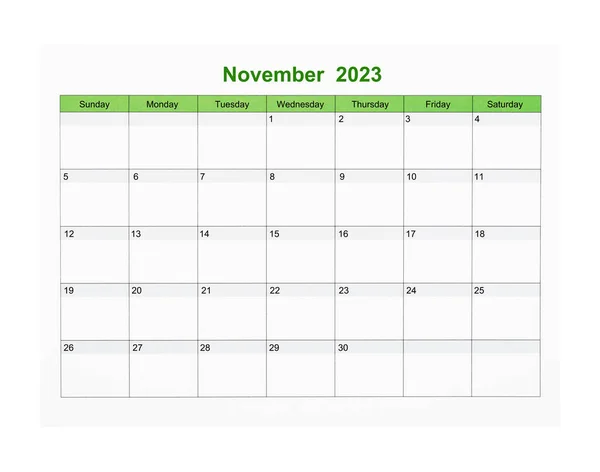 Noviembre 2023 Página Del Calendario Para 2023 Año Aislado Sobre — Foto de Stock