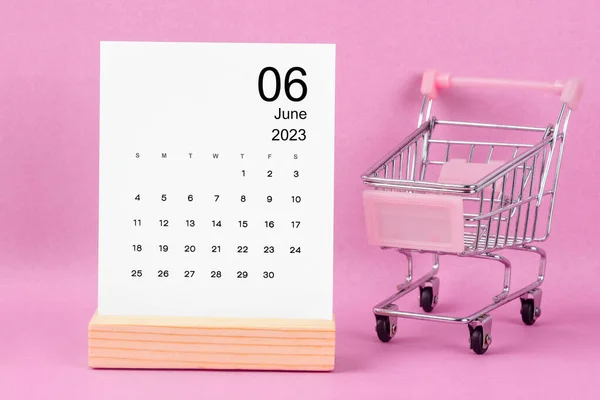 2023年6月ピンクを背景にショッピングカートと毎月のカレンダー — ストック写真