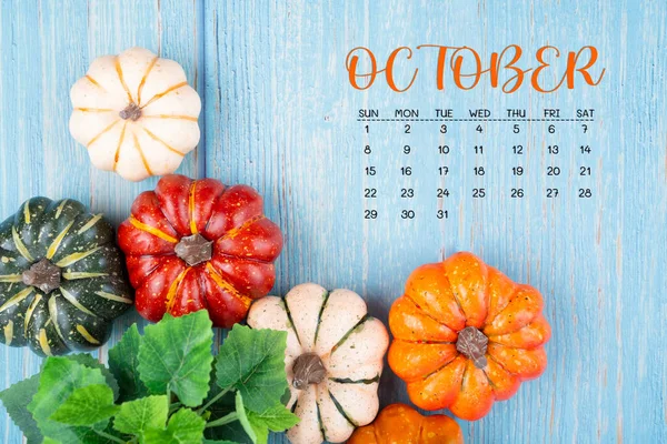 October 2023 Calendar Pumpkins Wooden Color Background — Stock Photo, Image