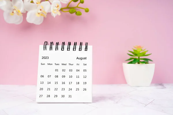 August 2023 Schreibtischkalender Und Weiße Orchidee Ein Rosa Hintergrund — Stockfoto