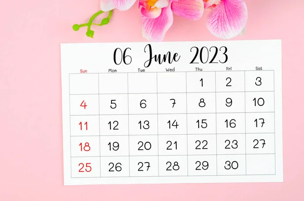 Juni 2023 Kalenderpagina Roze Orchidee Roze Achtergrond — Stockfoto