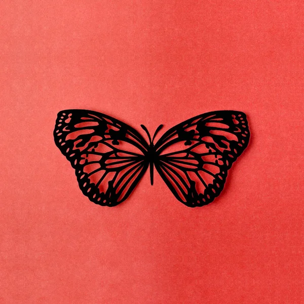 Talla Mariposa Papel Color Negro Sobre Fondo Rojo — Foto de Stock