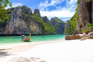 Tayland geleneksel uzun kuyruklu teknesi ve Tayland 'ın Phuket eyaletindeki güzel plaj..