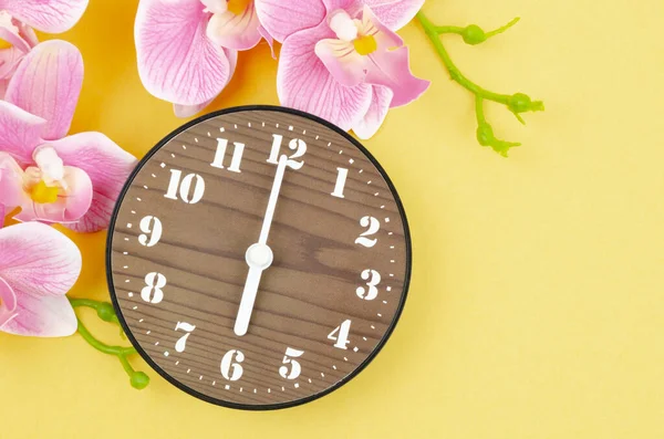 黄色の背景に木製の時計とピンクの縞蘭の花 — ストック写真