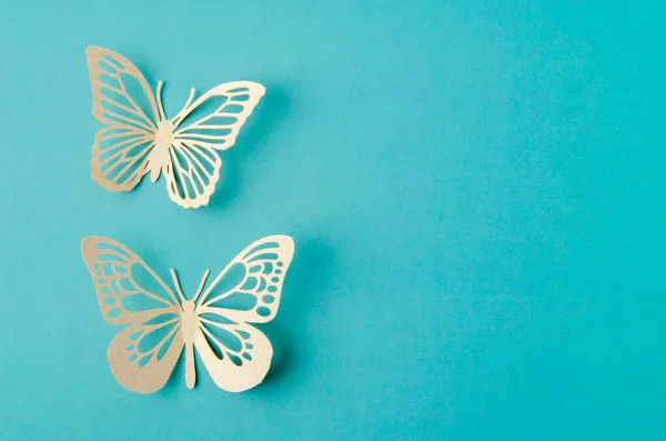 绿色背景上空白的纸制蝴蝶雕刻品 — 图库照片