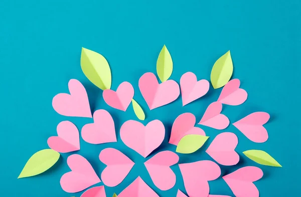Pink Color Heart Shape Paper Cutting Green Background — Stock Photo, Image