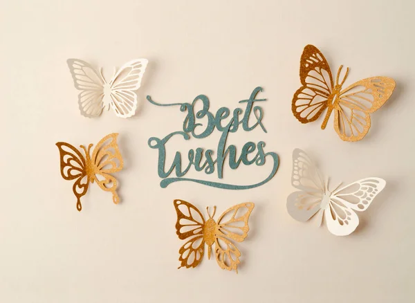 Bests Wishes Text Butterfly Paper Carve Pastel Background — Stock Photo, Image