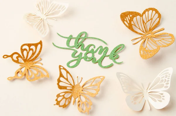 Thank You Text Butterfly Paper Carve Pastel Background — Stock Photo, Image