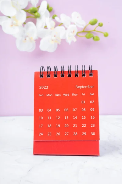 Rode Kalender September 2023 Bureaukalender Voor Jaar 2023 Witte Orchidee — Stockfoto