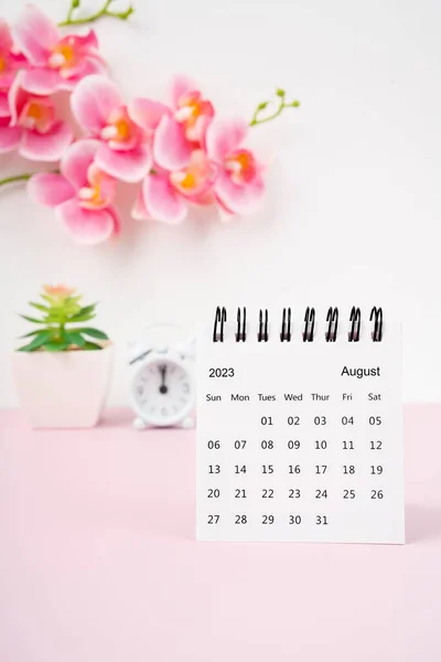 2023年8月デスクカレンダーと目覚まし時計付きピンクの蘭 — ストック写真