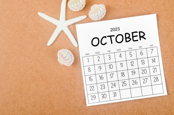 Oktober 2023 Månadskalender Med Sjöstjärnor Trä Bakgrund — Stockfoto