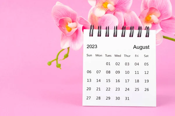 August 2023 calendar desk and pink orchid on pink background.