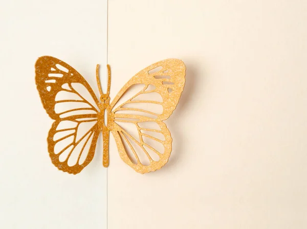 蝴蝶是用雕刻纸做的 或者在黄色背景上裁剪而成 上面有空白的文字或信息 — 图库照片