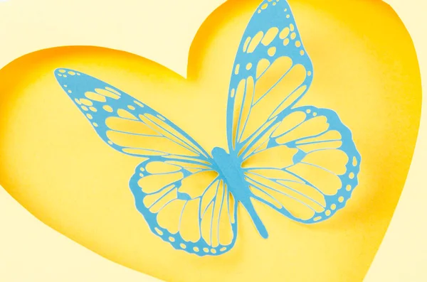 用雕刻纸或切割成她的形状的纸制成的蓝色蝴蝶 — 图库照片