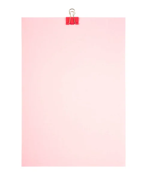 粉红彩色粘合剂夹和空白粉红纸 白色背景隔离 节省裁剪路径 — 图库照片
