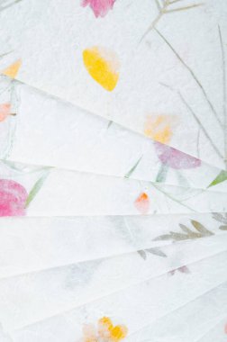 Bir yığın farklı kurumuş çiçek el yapımı geri dönüşümlü kağıt.