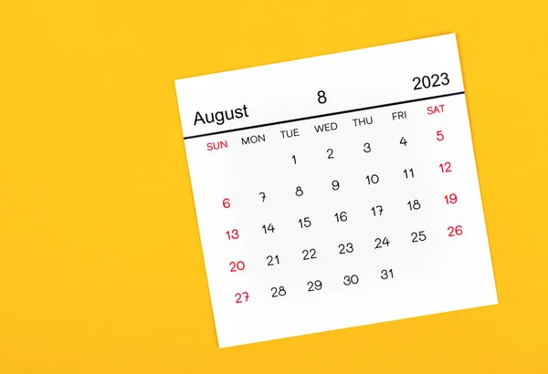 Agosto 2023 Calendário Mensal Para 2023 Ano Fundo Amarelo — Fotografia de Stock