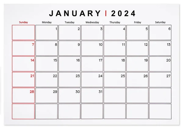 Január 2024 Havi Naptár Oldal Elszigetelt Fehér Háttér Mentett Nyírás — Stock Fotó