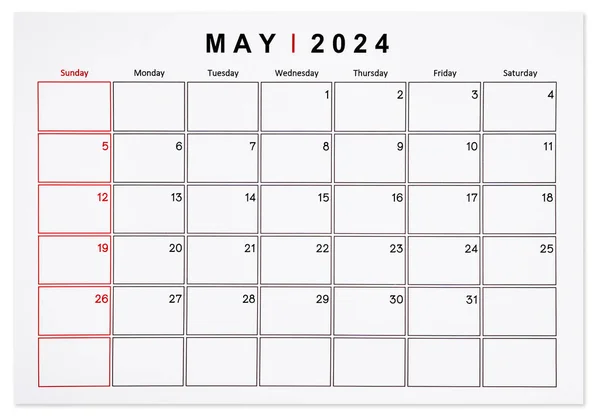 Mei 2024 Maandelijkse Kalender Pagina Geïsoleerd Witte Achtergrond Opgeslagen Clipping — Stockfoto