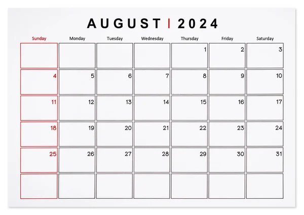 Sierpień 2024 Miesięczna Strona Kalendarzowa Odizolowana Białym Tle Zapisana Ścieżka — Zdjęcie stockowe