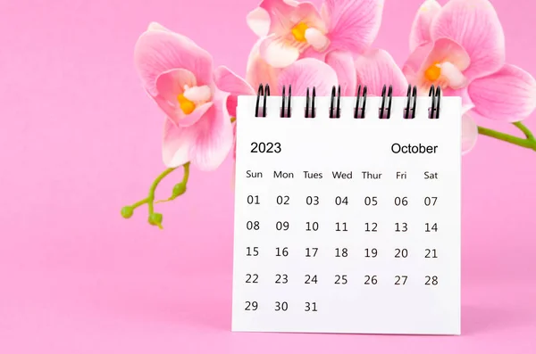 October 2023 calendar desk and pink orchid on pink background.
