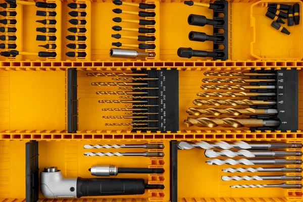 Drill Bits Set Professional Industrial Tools Equipment Yellow Box — Stock Photo, Image