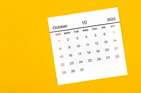 Oktober 2023 Månadskalender För 2023 Gul Bakgrund — Stockfoto