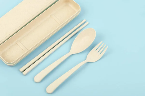 Plastic Spoon Fork Container Blue Background — Stock Photo, Image