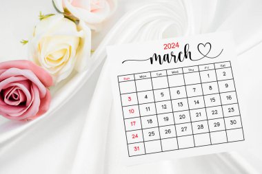 Mart 2024 takvim sayfası ve gül çiçeği beyaz saten tekstil arkaplanı.