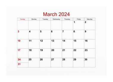 2024 Mart takvim sayfası beyaz arkaplanda izole edilmiş, kırpma yolunu kaydet.