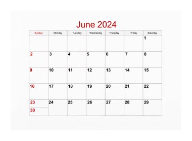 2024 Haziran takvim sayfası beyaz arkaplanda izole edilmiş, kırpma yolunu kaydet.
