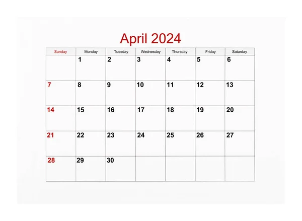 Апрель 2024 Календарь Страница 2024 Год Изолированы Белом Фоне Сохранить — стоковое фото