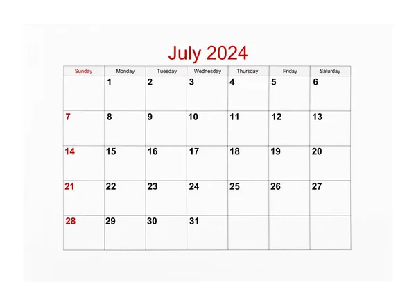 Lipiec 2024 Kalendarz 2024 Rok Izolowany Białym Tle Zapisz Ścieżkę — Zdjęcie stockowe