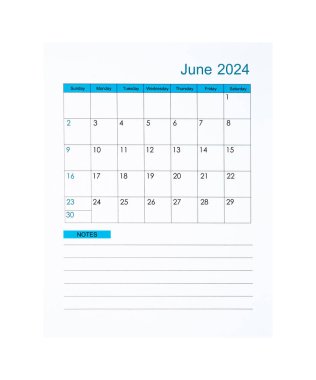 2024 yılı için Dikey Haziran 2024 Takvim sayfası beyaz arkaplanda izole, Kaydedilmiş kırpma yolu.