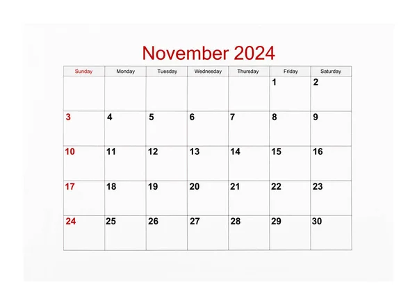 Listopad 2024 Kalendarz 2024 Rok Izolowany Białym Tle Zapisz Ścieżkę — Zdjęcie stockowe