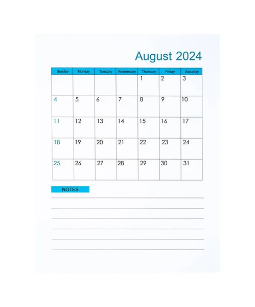 Pionowe Sierpień 2024 Kalendarz Strony 2024 Rok Izolowane Białym Tle — Zdjęcie stockowe