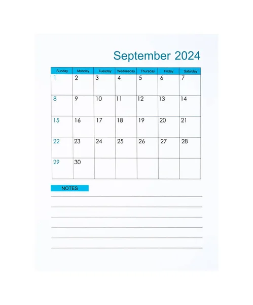 stock image Vertical of September 2024 Calendar page for 2024 year isolated on white background, Saved clipping path.