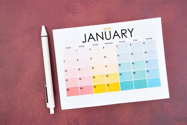 Enero 2024 Página Del Calendario Pluma Sobre Fondo Retro Color —  Fotos de Stock