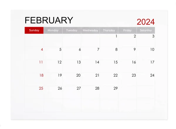 Luty 2024 Miesięczny Kalendarz Odizolowany Białym Tle Zapisana Ścieżka Clipping — Zdjęcie stockowe