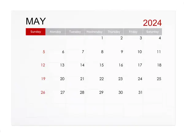 Maj 2024 Miesięczny Kalendarz Odizolowany Białym Tle Zapisana Ścieżka Klipu — Zdjęcie stockowe