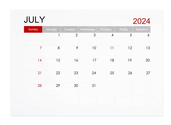 Lipiec 2024 Miesięczny Kalendarz Odizolowany Białym Tle Zapisana Ścieżka Clipping — Zdjęcie stockowe