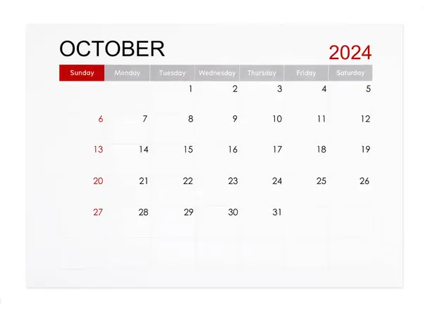 Październik 2024 Miesięczny Kalendarz Odizolowany Białym Tle Zapisana Ścieżka Clipping — Zdjęcie stockowe