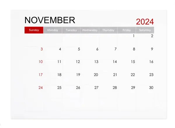 Listopad 2024 Miesięczny Kalendarz Odizolowany Białym Tle Zapisana Ścieżka Klipu — Zdjęcie stockowe