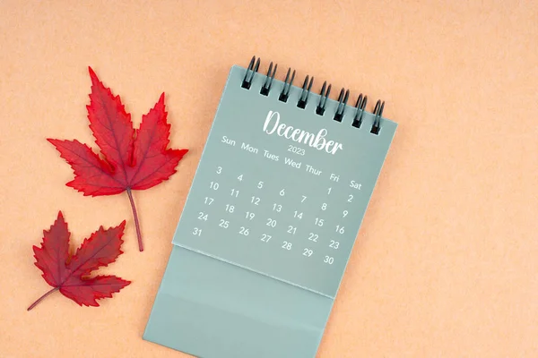 December 2023 monthly calendar and fall leaves on brown background.
