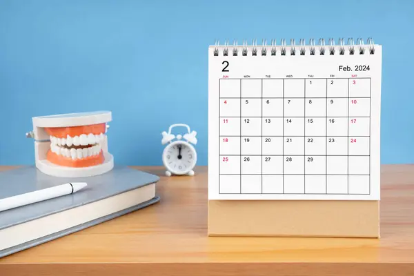 Febbraio Calendario Mensile Scrivania Anno 2024 Dentiere Modello Sul Tavolo — Foto Stock